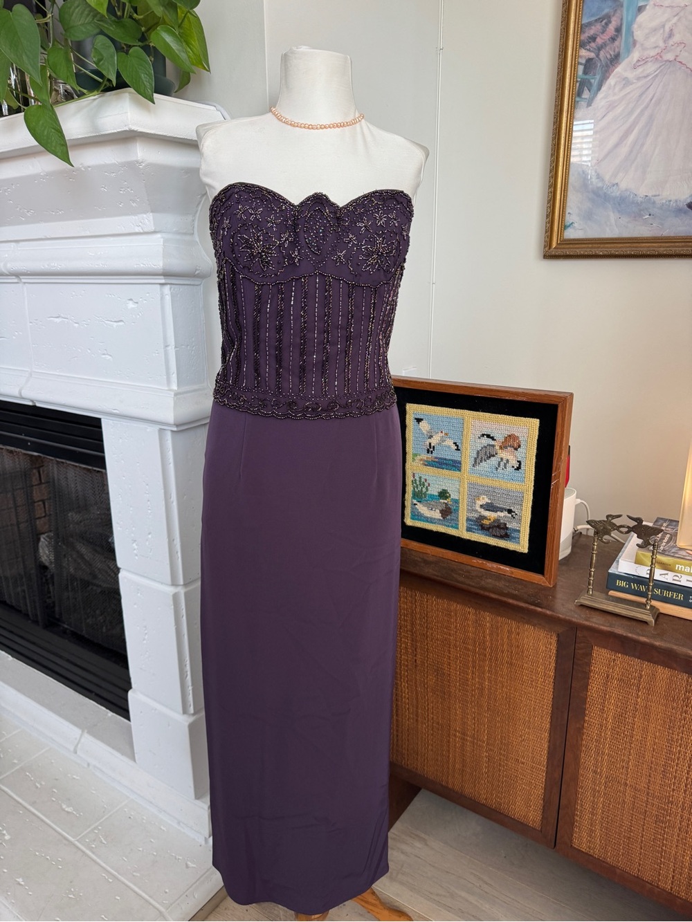 Vintage Bob Mackie Iridescent Beaded Plum Designer Evening Gown